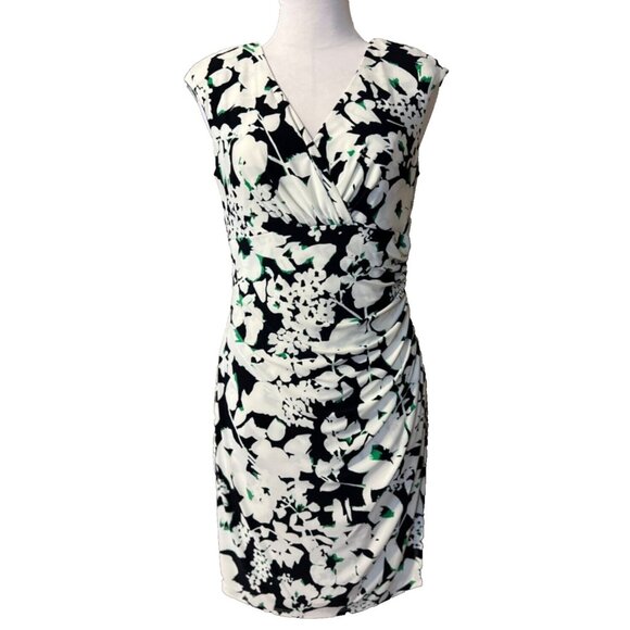 Ralph Lauren Dress 10 Black Green White Washable Stretch Sheath Summer Print - Picture 1 of 8